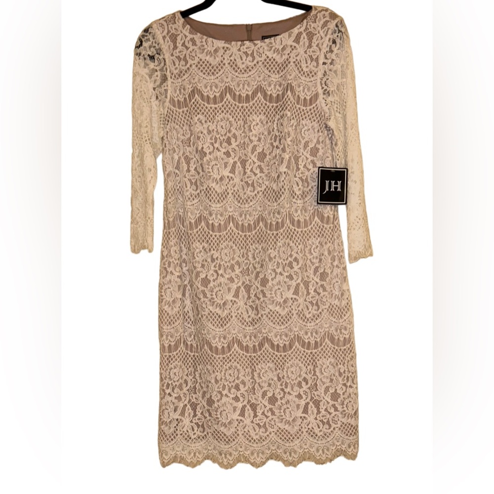 JH Brand Illusion White lace Dress with nude lining.